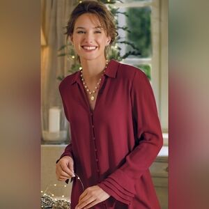 Soft Surroundings Poet Button Down Red Tunic Blouse Large Ruffle Sleeve Rayon L